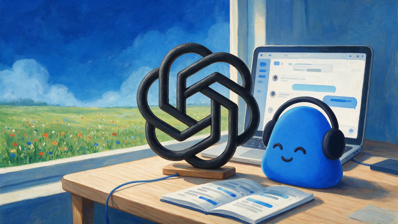 Memo على مكتب بجانب مجسّم أسود كبير على شكل شعار OpenAI، ومعه حاسوب محمول يعرض محادثة ودفتر فيه ملاحظات اجتماع