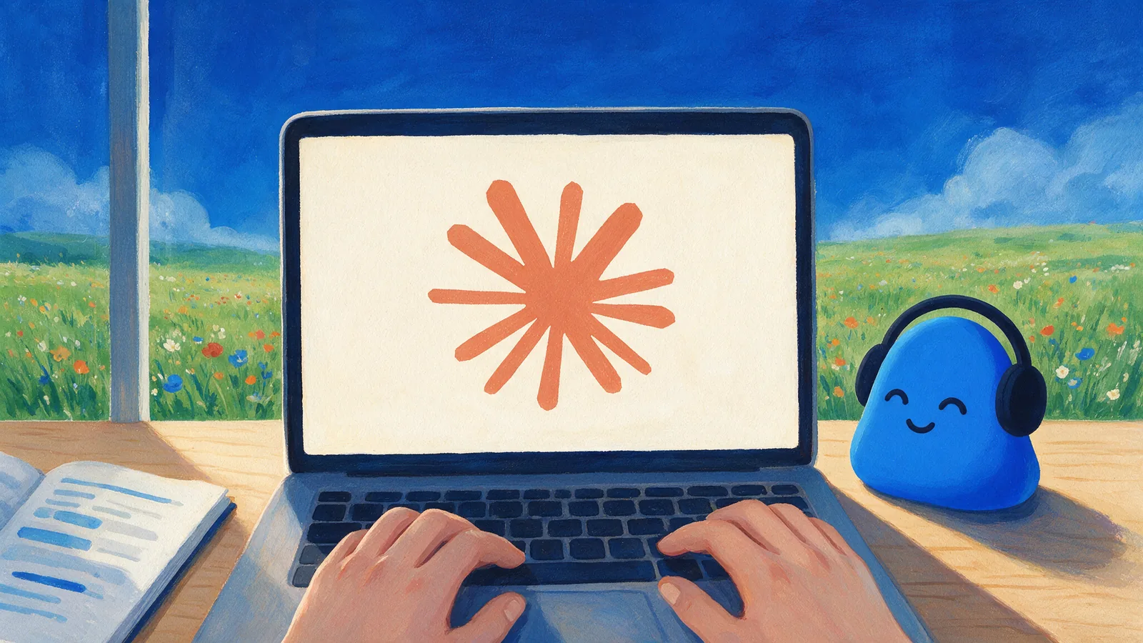يدان تكتبان على حاسوب محمول تعرض شاشته شعار Claude مرسوماً كشرارة ملوّنة، وبجانبه Memo ودفتر فيه ملاحظات اجتماع