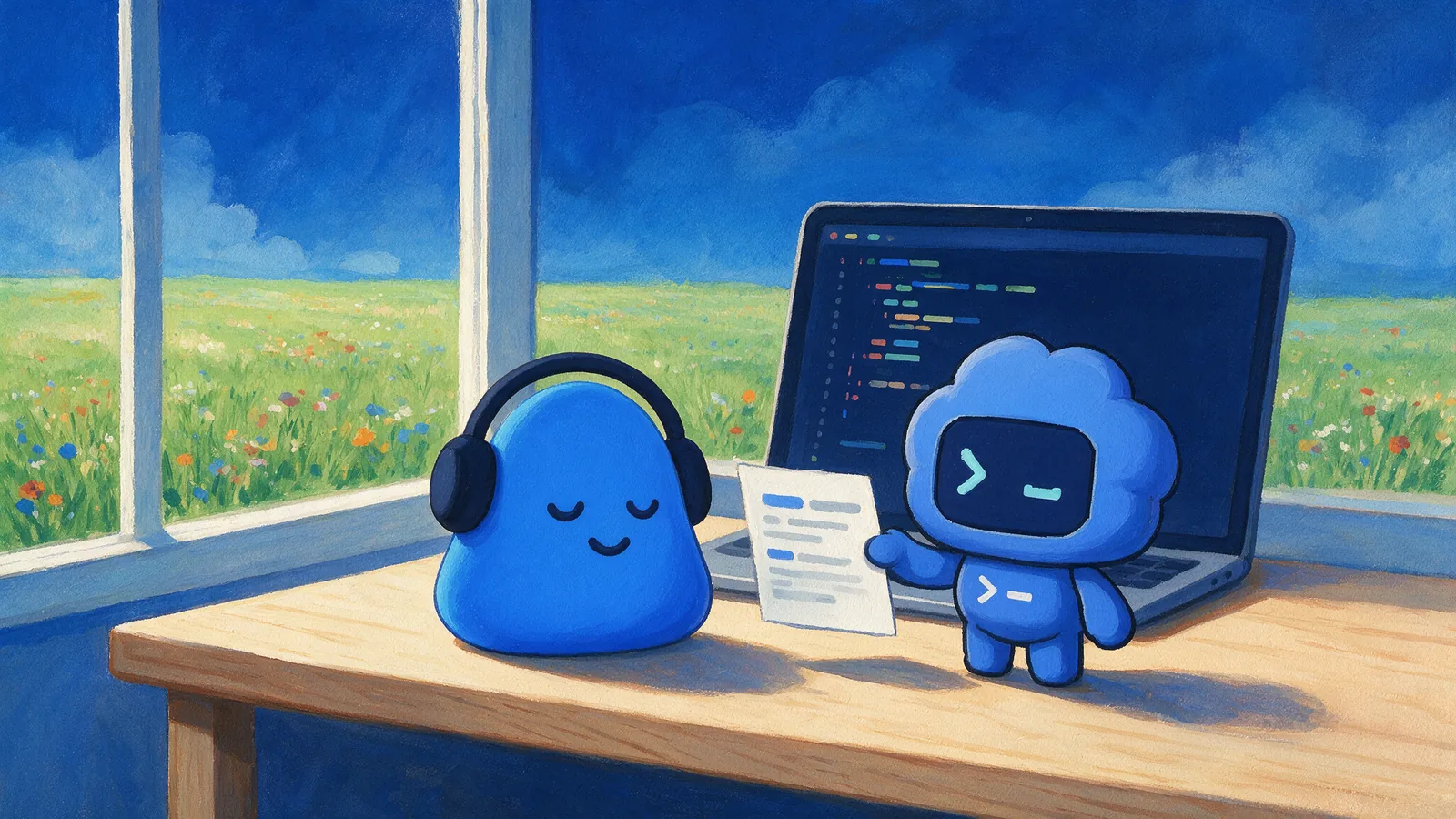 Memo وشخصية Codex جنباً إلى جنب أمام حاسوب محمول مليء بالكود، والشخصية تمسك صفحة من ملاحظات اجتماع