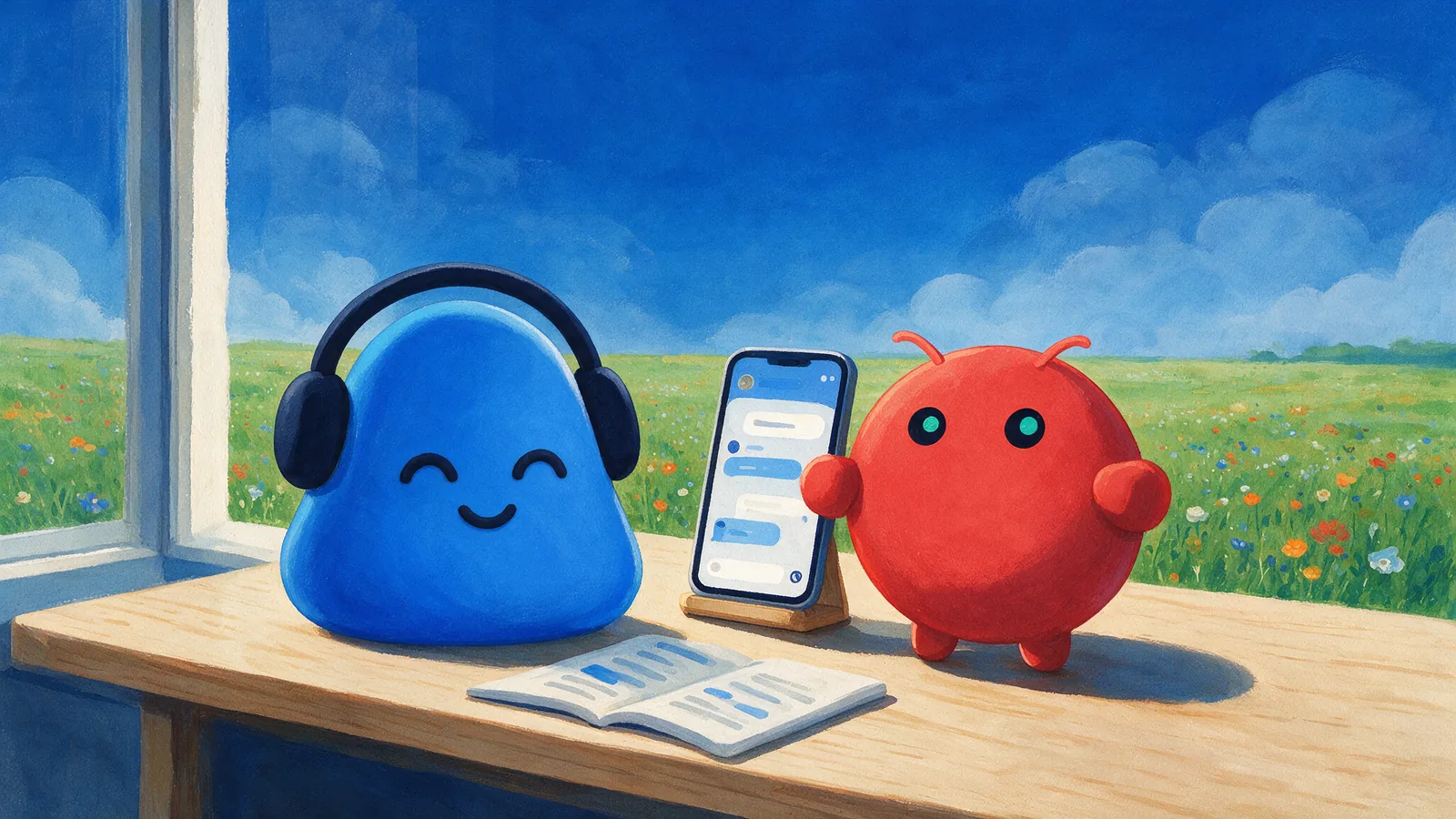 Memo und das OpenClaw-Maskottchen nebeneinander auf einem Schreibtisch, zwischen ihnen ein Smartphone mit einem Chat und ein Notizbuch mit Meeting-Notizen