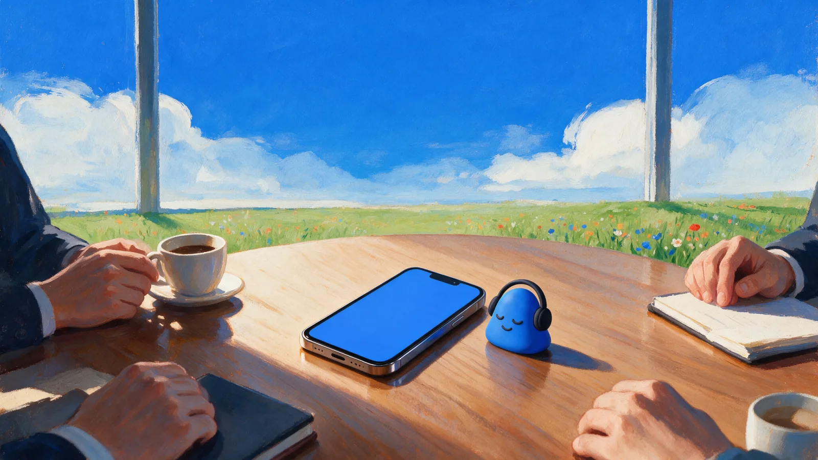 A phone recording a discussion from the center of a conference table