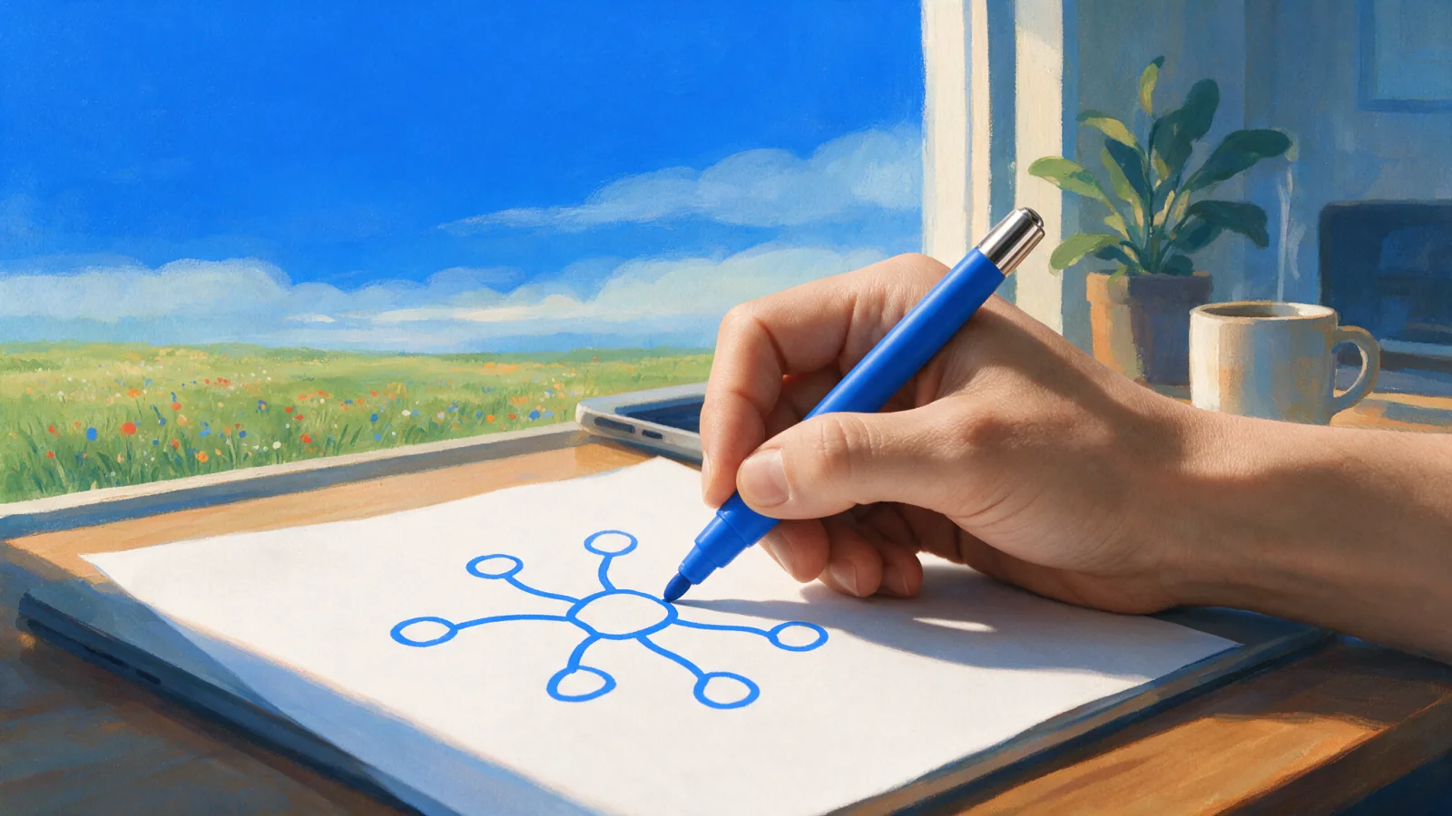 A meeting recording becoming a branched mind map with decisions and owners
