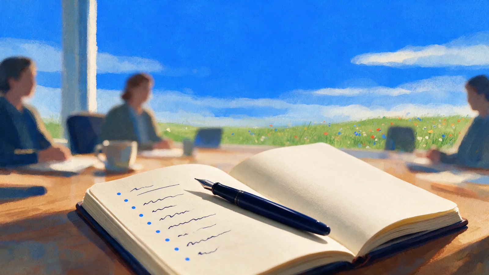 A structured page of meeting minutes beside a recording waveform and completed action-item cards