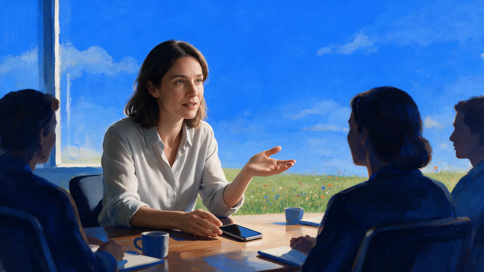 Colleagues around a meeting table agreeing before a phone starts recording