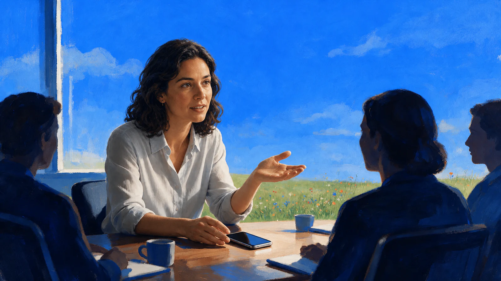 Varias personas alrededor de una mesa acuerdan la grabación antes de que empiece