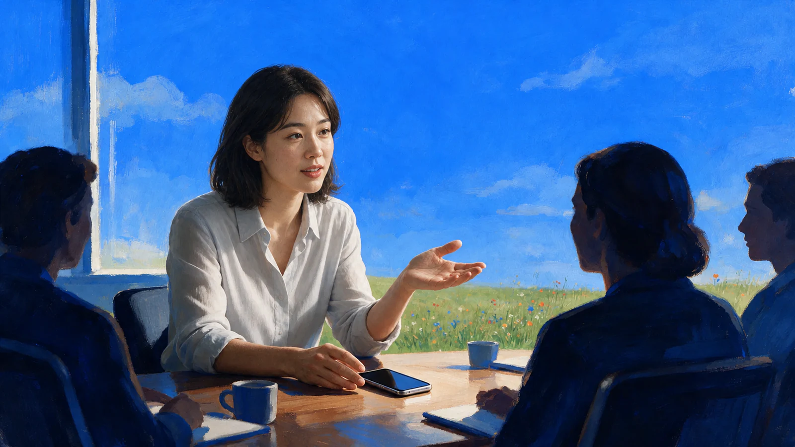 한국의 업무 회의에서 녹음 목적과 보관 방식을 확인하는 참석자들