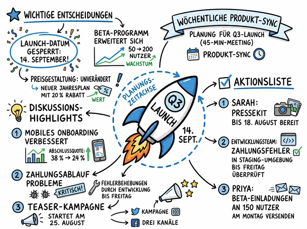 Eine Visual Note gruppiert ein Meeting in klare Zweige und unterstützende Punkte