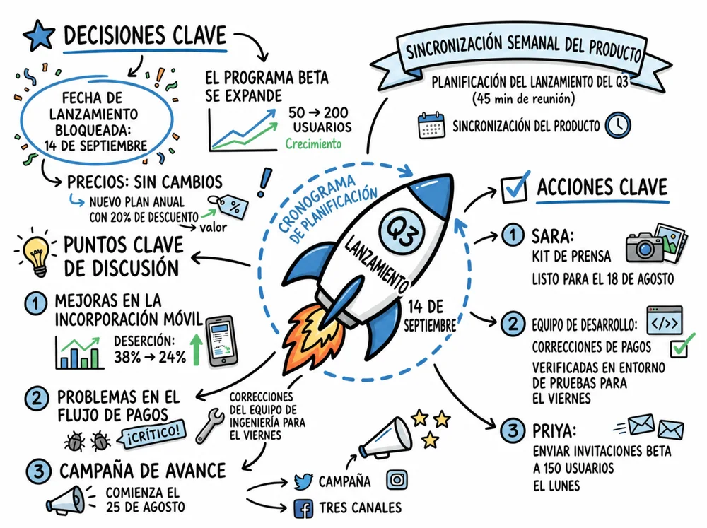Visual Note de un proyecto organizado por temas, decisiones y tareas