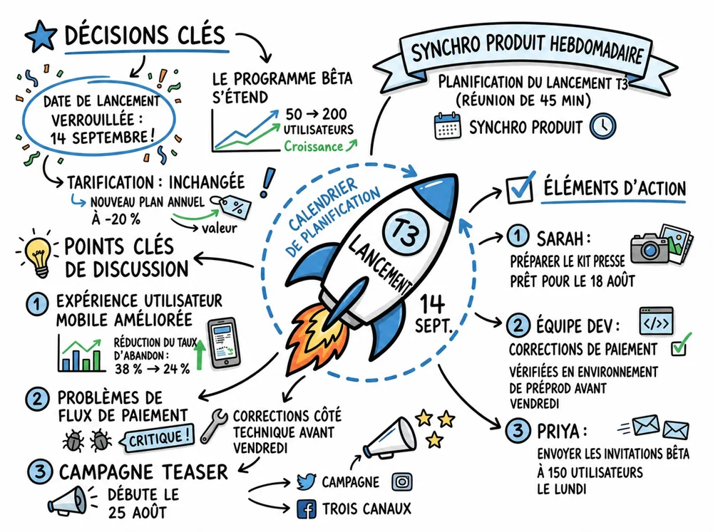 Visual Note d’un projet répartissant thèmes, décisions et actions