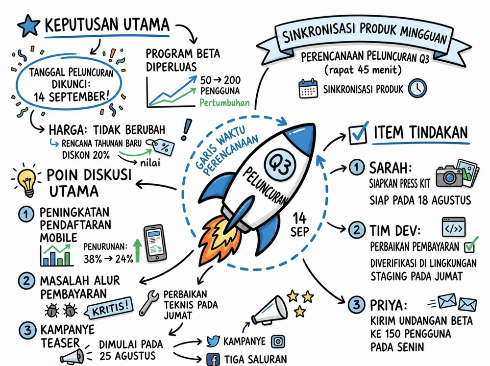 Contoh Visual Note yang menyusun rapat proyek menjadi tema, keputusan, dan tindak lanjut