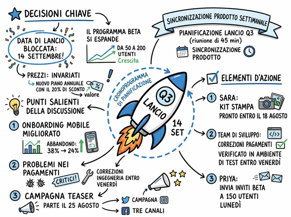 Visual Note che raggruppa una riunione in rami e punti di supporto