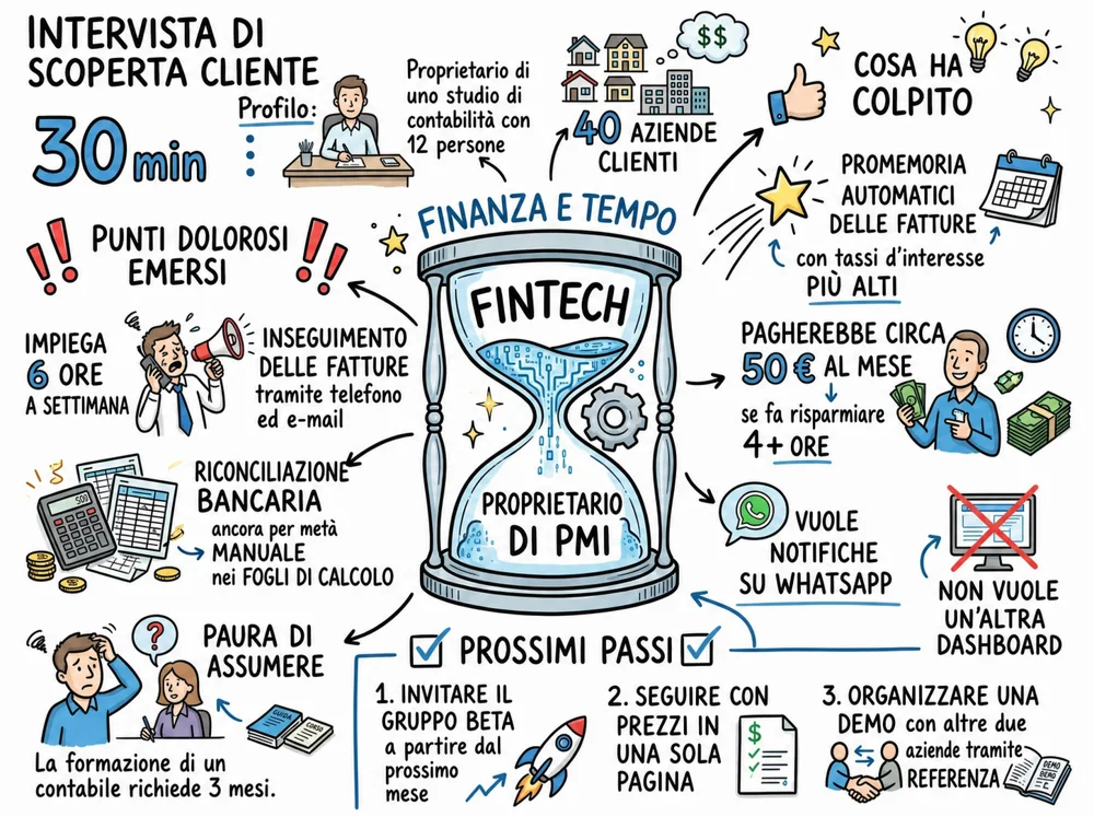 Visual Note di una pagina con aree per decisioni, temi e seguito