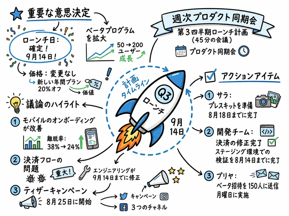 プロジェクトの論点、決定事項、アクションアイテムを整理したVisual Noteの例