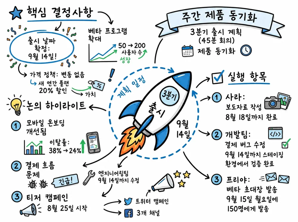 회의를 여러 갈래와 핵심 포인트로 정리한 Visual Note