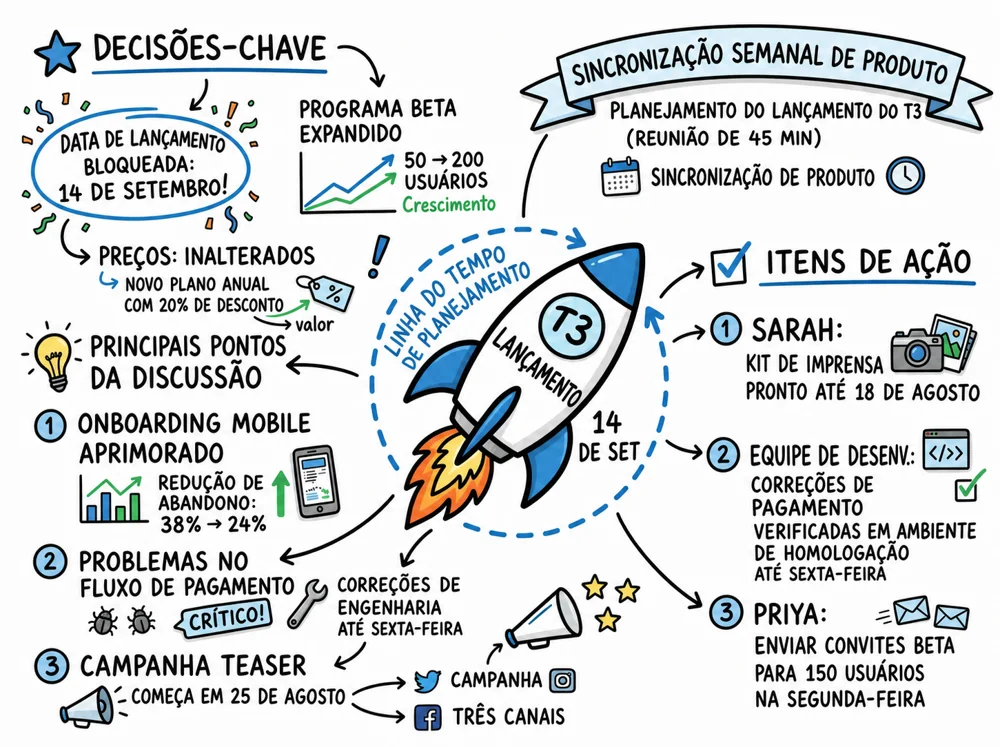 Visual Note de projeto separando temas, decisões e tarefas
