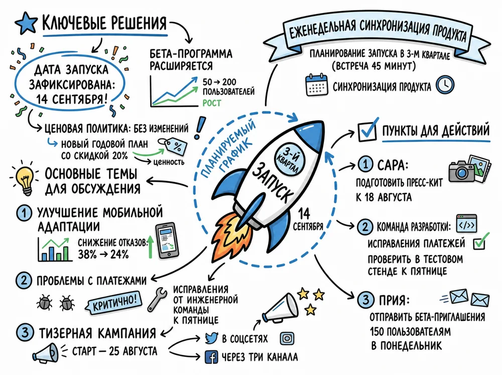 Visual Note группирует проектную встречу по темам, решениям и задачам