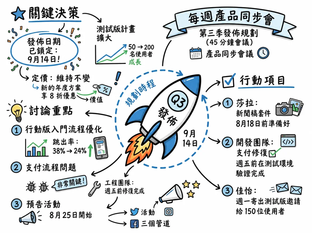 把專案討論整理成主題、決議與待辦事項的 Visual Note 範例