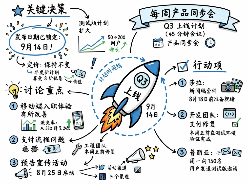 把项目讨论整理为主题、决策和行动项的Visual Note示例