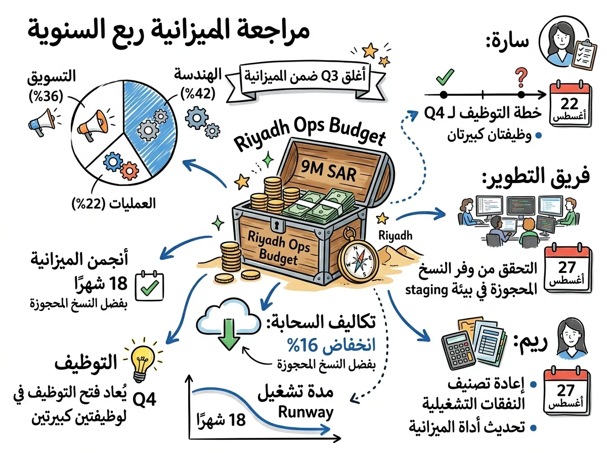 Visual Note من صفحة واحدة أنشأه Meeting.ai من اجتماع لمراجعة الميزانية، تظهر فيه القرارات والأرقام والخطوات التالية مرسومة بأسلوب الملاحظات المرسومة