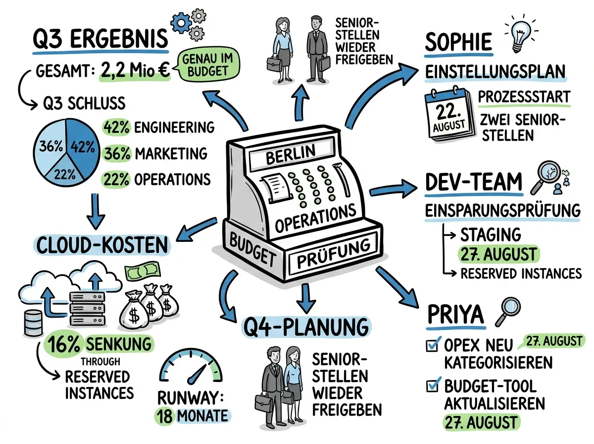 Eine einseitige Visual Note, die Meeting.ai aus einer Budgetbesprechung erstellt hat, mit Entscheidungen, Zahlen und nächsten Schritten als Sketchnote