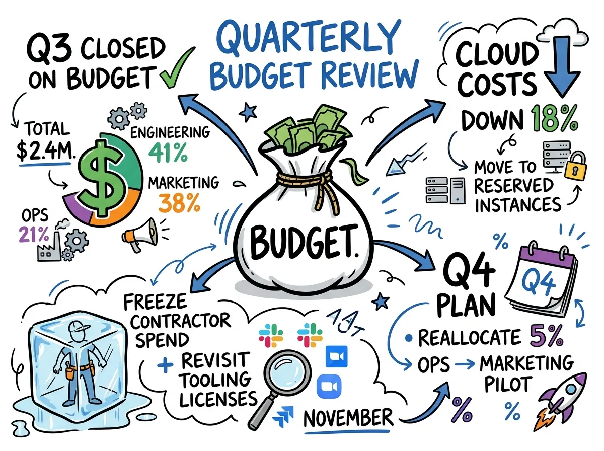 A one-page Visual Note that Meeting.ai generated from a budget review meeting, with the decisions, numbers, and next steps drawn as a sketchnote