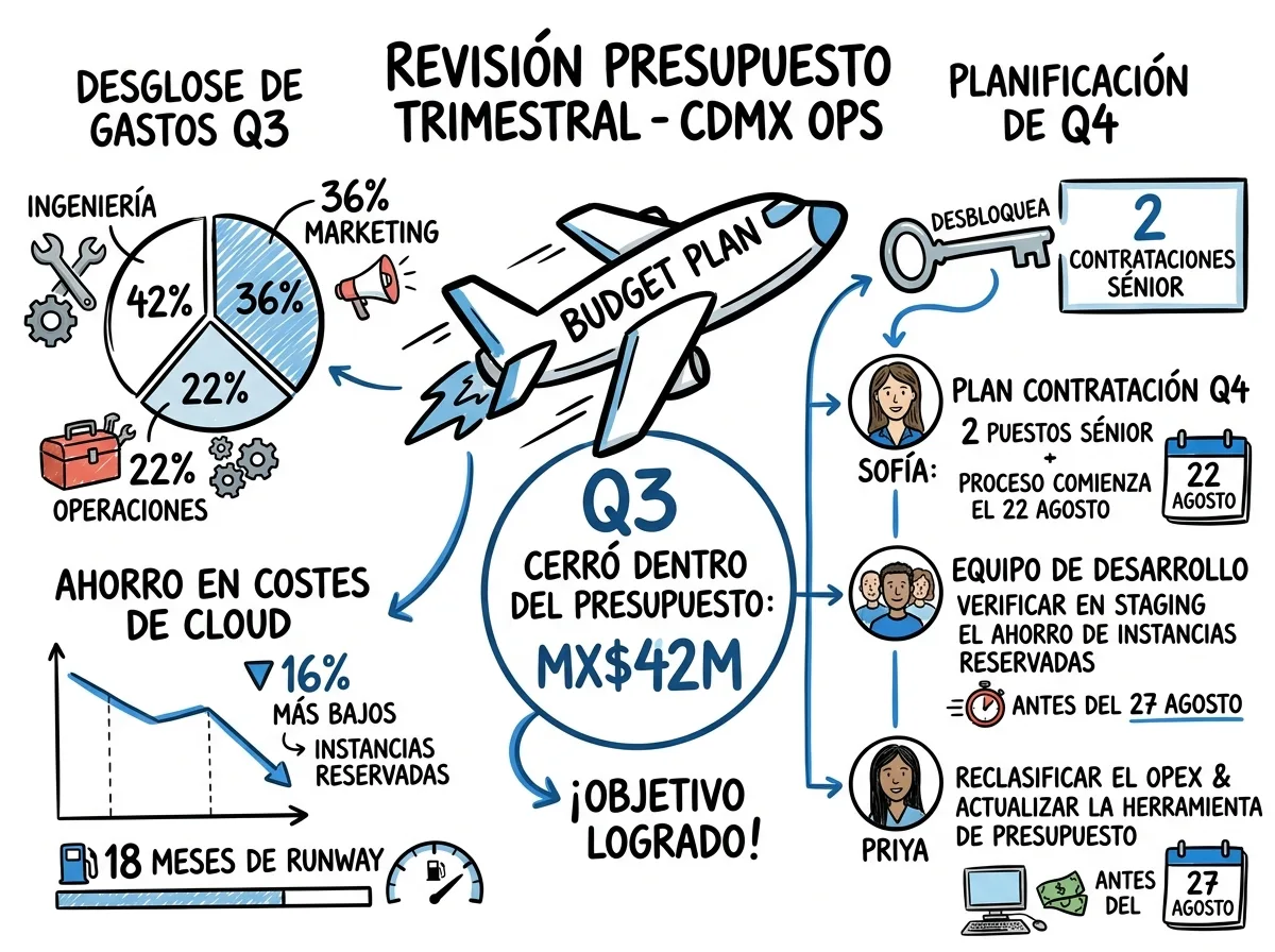 Un Visual Note de una página que Meeting.ai generó a partir de una reunión de revisión de presupuesto, con los acuerdos, las cifras y los siguientes pasos dibujados como sketchnote