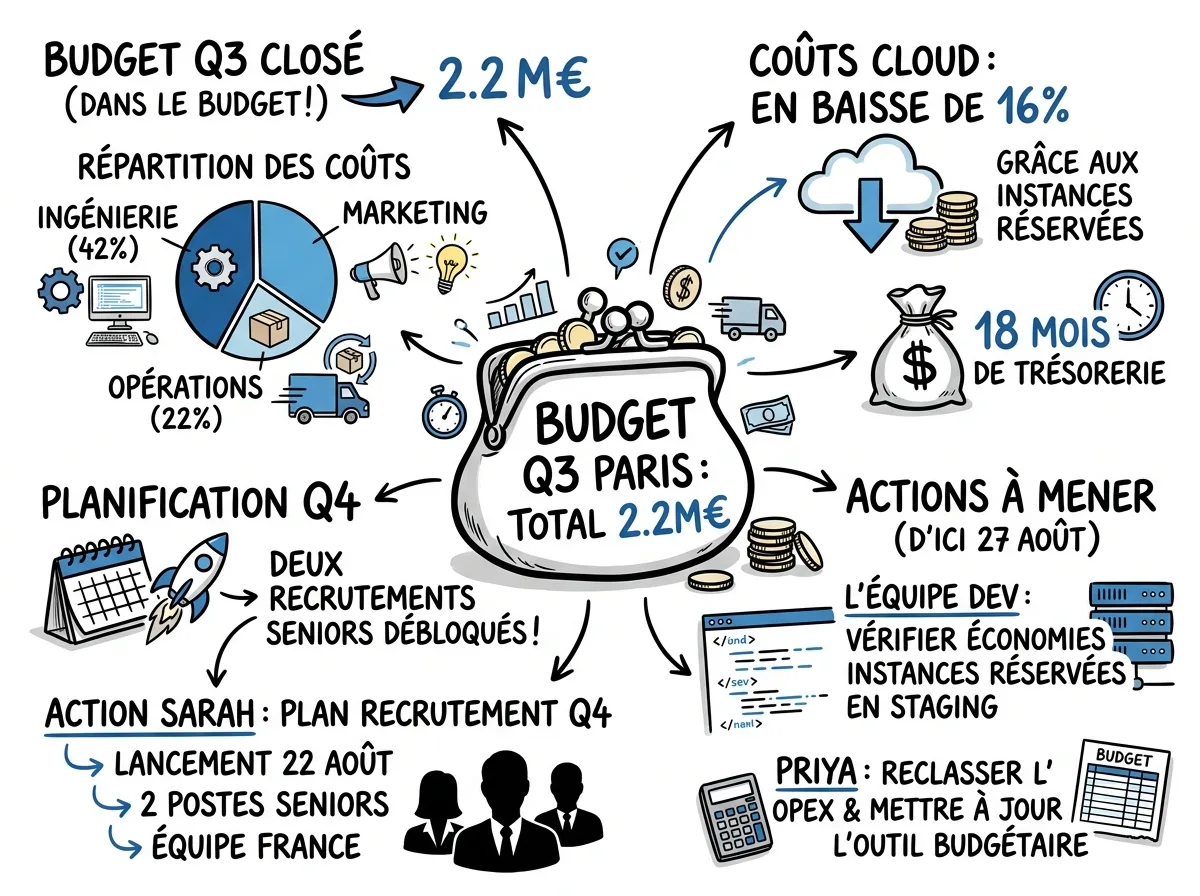 Une Visual Note d'une page générée par Meeting.ai à partir d'une revue budgétaire, avec les décisions, les chiffres et les prochaines étapes dessinés à la main
