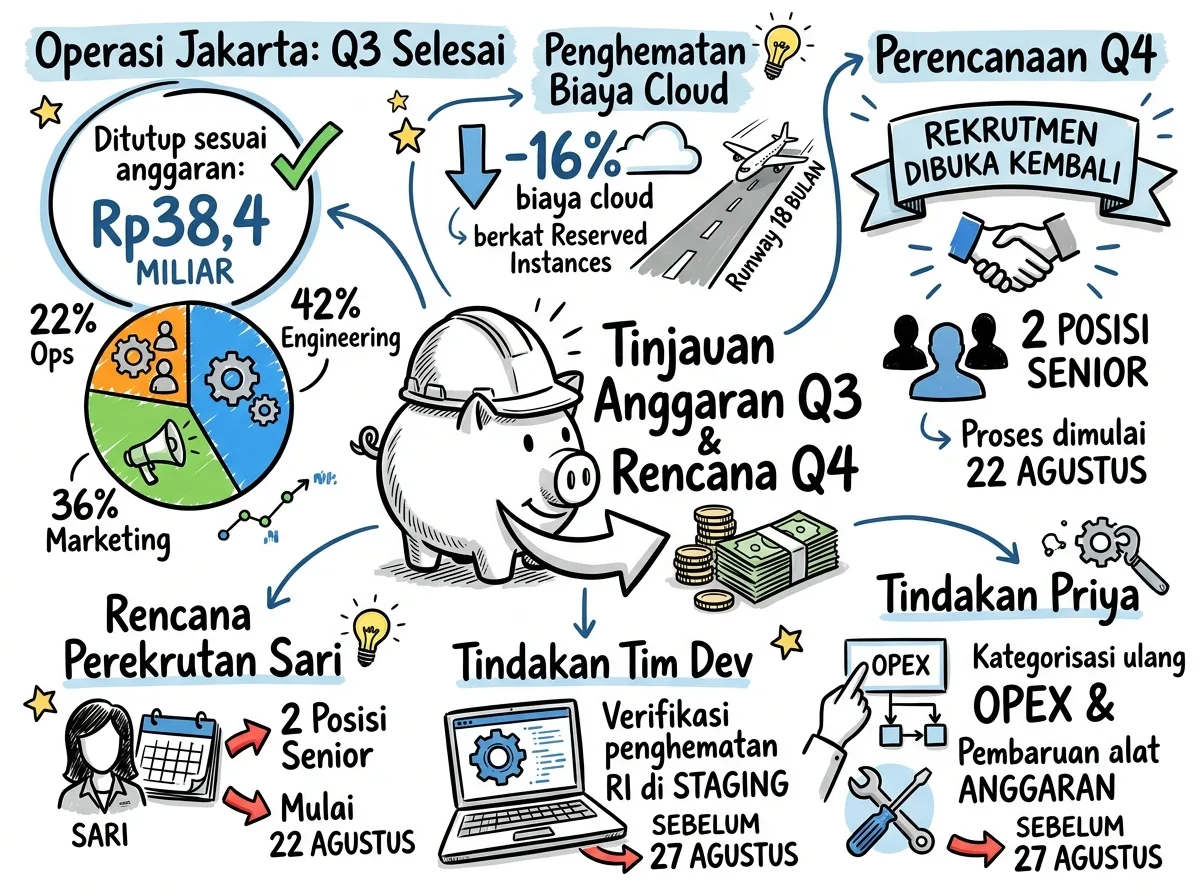 Visual Note satu halaman yang dibuat Meeting.ai dari rapat tinjauan anggaran, berisi keputusan, angka, dan langkah berikutnya dalam bentuk sketsa