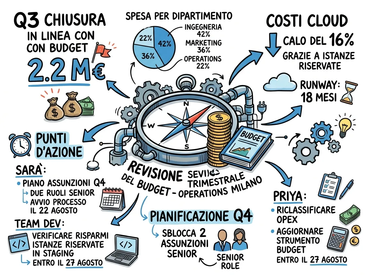 Una Visual Note di una pagina generata da Meeting.ai da una riunione sul budget, con decisioni, cifre e prossimi passi disegnati come uno sketchnote