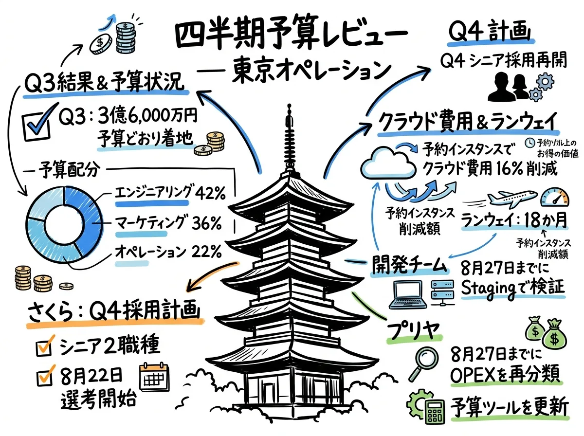 Meeting.aiが予算会議から作成した1枚のVisual Note。決定事項、数字、次のステップが手描き風の図解で整理されている