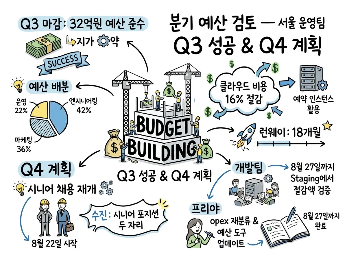 Meeting.ai가 예산 검토 회의로 만든 한 장짜리 Visual Note. 결정 사항, 숫자, 다음 단계가 스케치노트로 그려져 있습니다