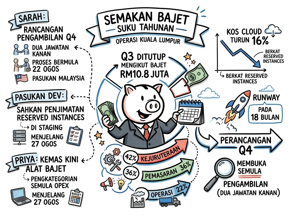 Visual Note sehalaman yang dijana Meeting.ai daripada mesyuarat semakan bajet, dengan keputusan, angka dan langkah seterusnya dilukis sebagai nota lakaran
