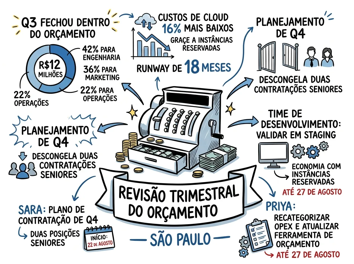 Uma Visual Note de uma página gerada pelo Meeting.ai a partir de uma reunião de orçamento, com as decisões, os números e os próximos passos desenhados como sketchnote