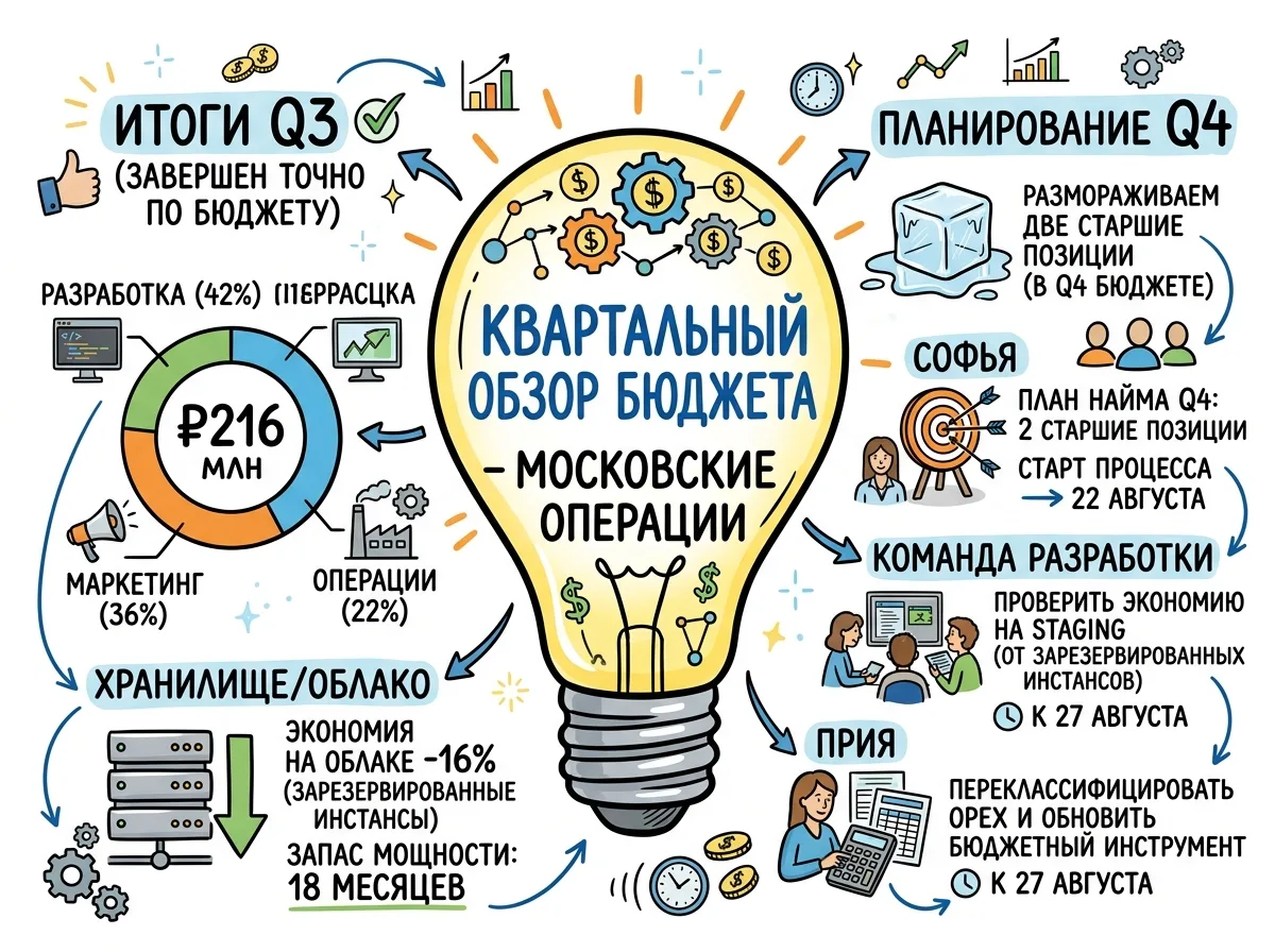 Одностраничный Visual Note, который Meeting.ai создал по итогам совещания по бюджету: решения, цифры и следующие шаги нарисованы в виде скетчноута
