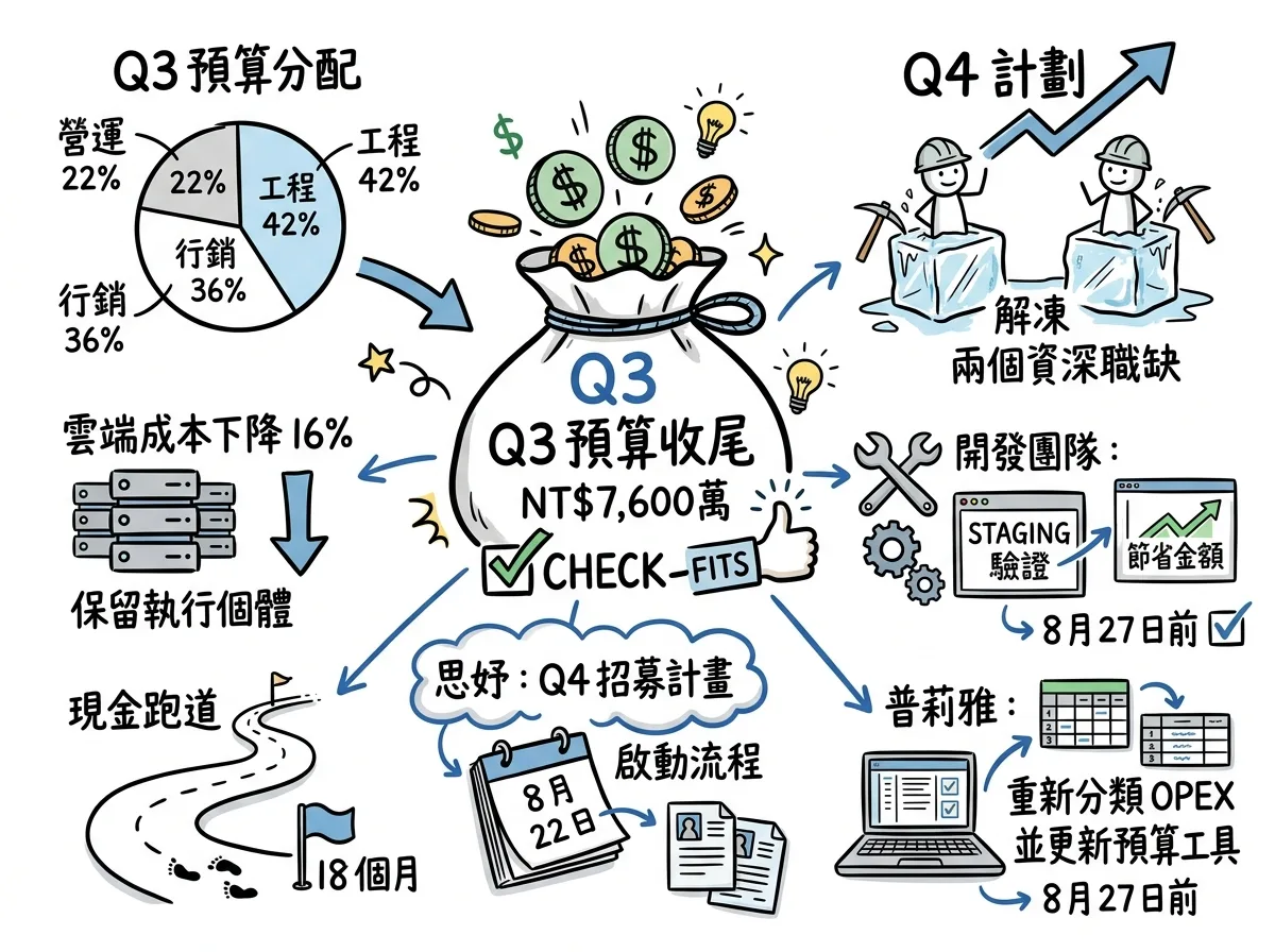 Meeting.ai 從一場預算檢討會議產生的一頁式 Visual Note,以手繪筆記呈現決議、數字與下一步