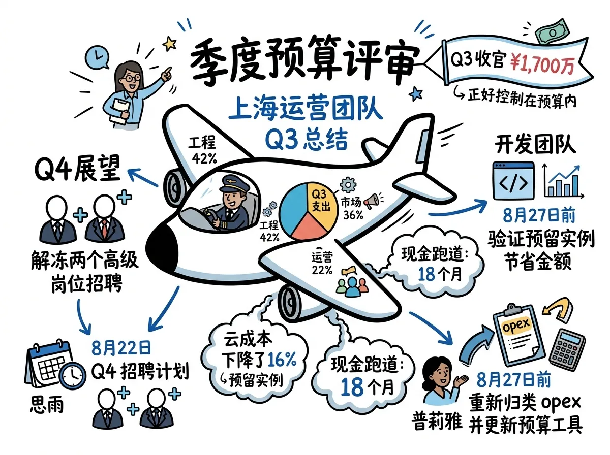 Meeting.ai 根据一场预算评审会生成的一页 Visual Note,以手绘笔记的形式呈现决定、数字和后续步骤